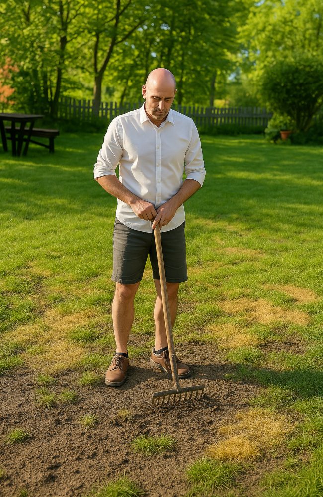 Hombre preparando el suelo del césped con un rastrillo