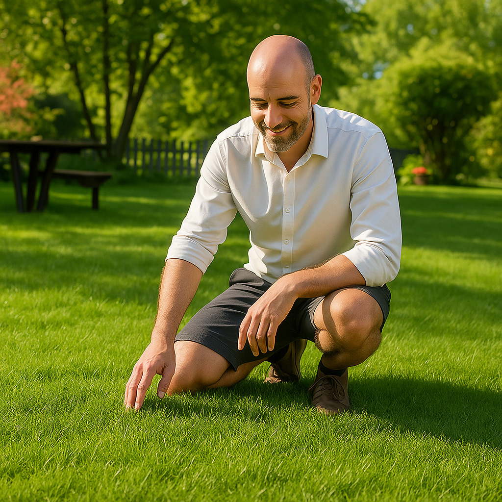 Nuevo césped brotando a través de la manta